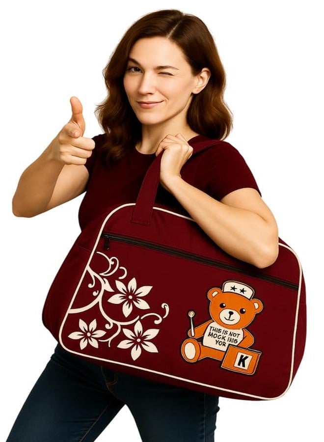 Malvina Travel Duffle Bag - Cartoon Bear & Floral Design (Red) - Image 2